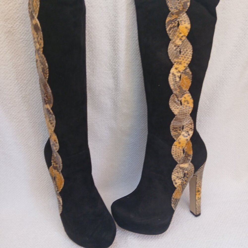 Black velvet stiletto platforms leather boots.